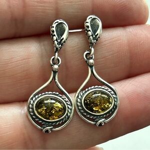 Modernist Sterling Silver Green Amber Earrings